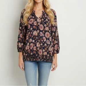 Lucky Brand boho floral long sleeve popover blouse with smocking detail. Large